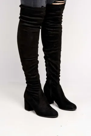 Jayda Over The Knee Block Heel Boots in Black