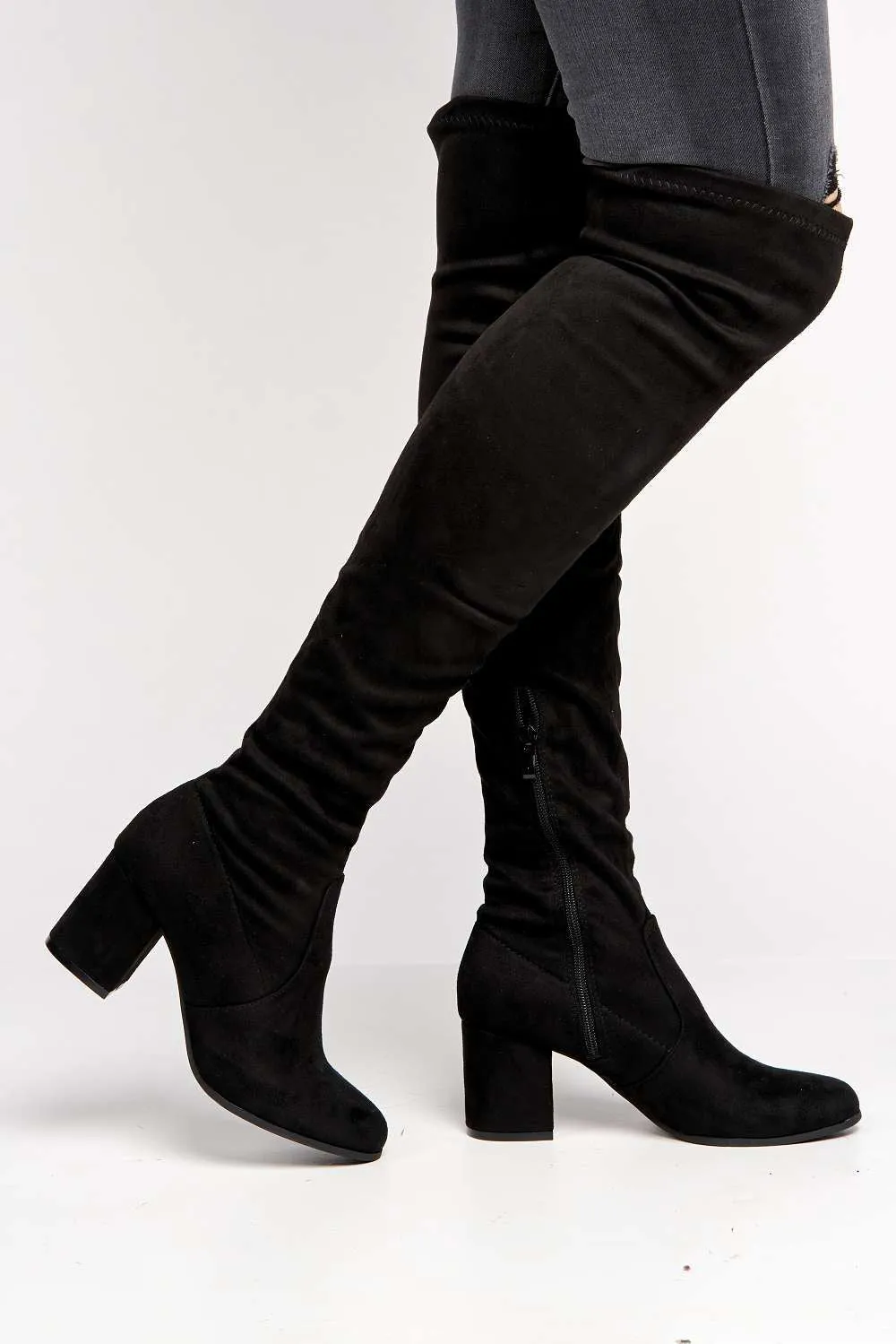 Jayda Over The Knee Block Heel Boots in Black