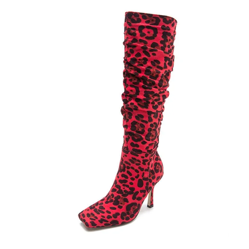 Ladies Knee High Leopard Print High-heeled Boots