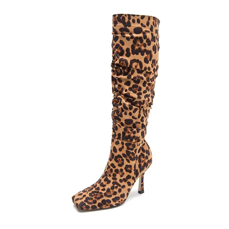 Ladies Knee High Leopard Print High-heeled Boots