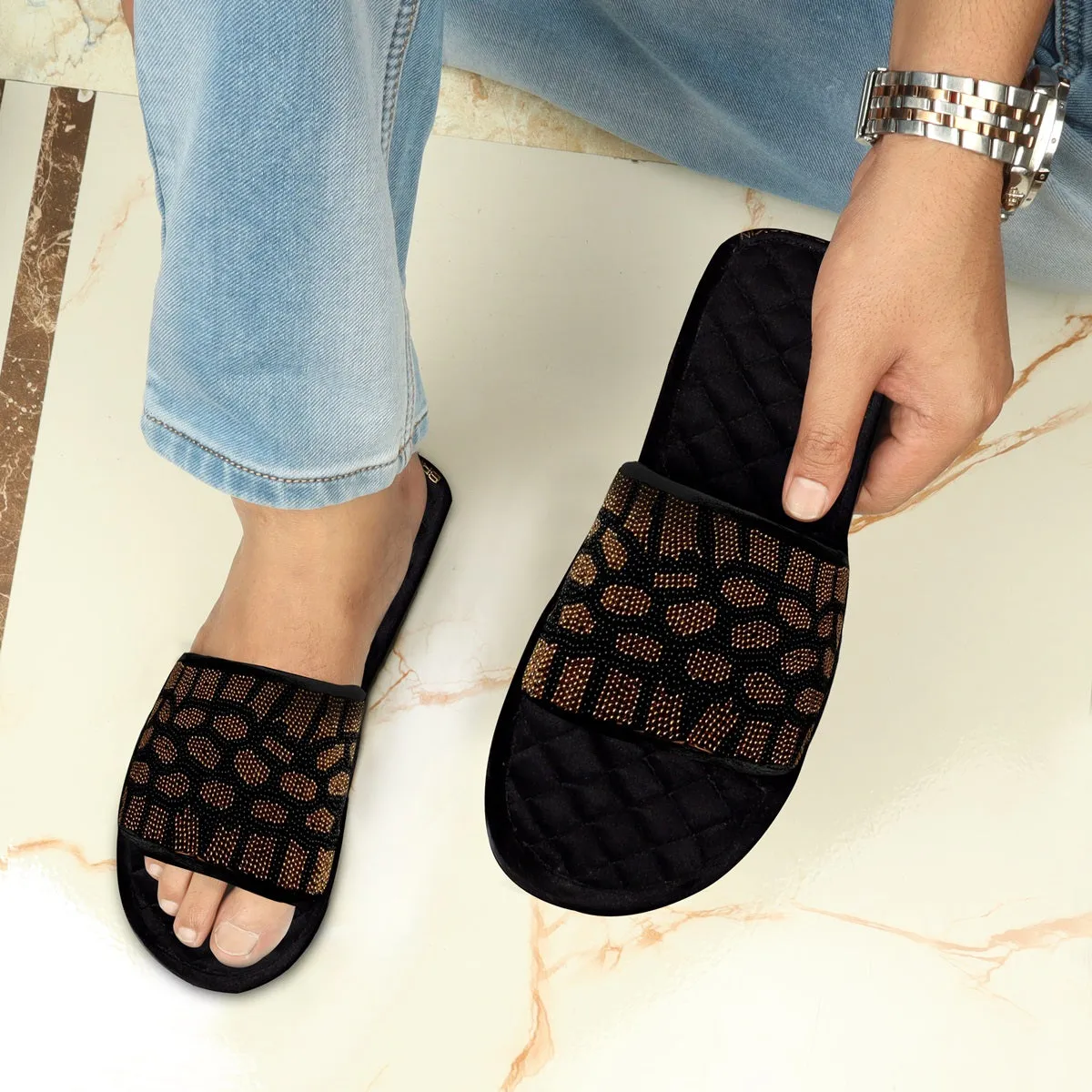 Leopard Styled Zardosi Strap Quilted Super Soft Base Velvet Slide-in Slippers By Brune & Bareskin