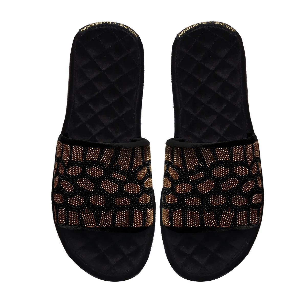 Leopard Styled Zardosi Strap Quilted Super Soft Base Velvet Slide-in Slippers By Brune & Bareskin