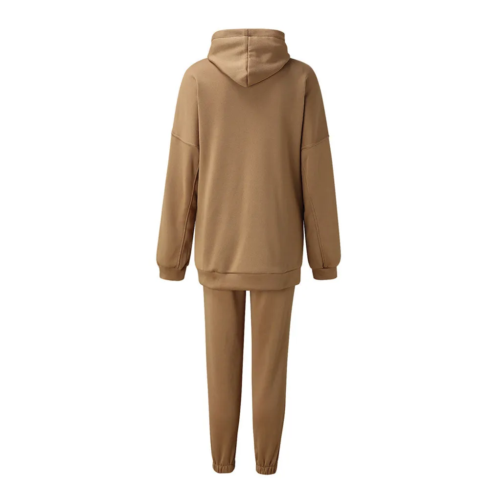 Long Sleeve Hoodie Trendy Matching Set - Beige