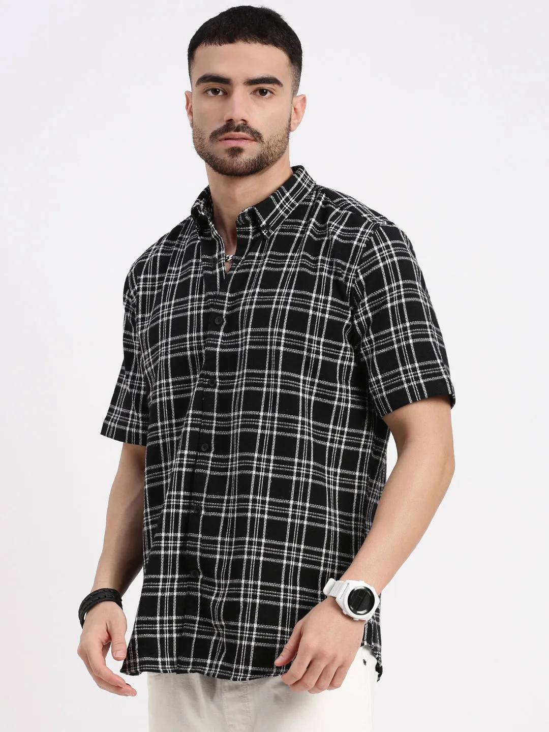 Men Black Checked Slim Fit Shirt