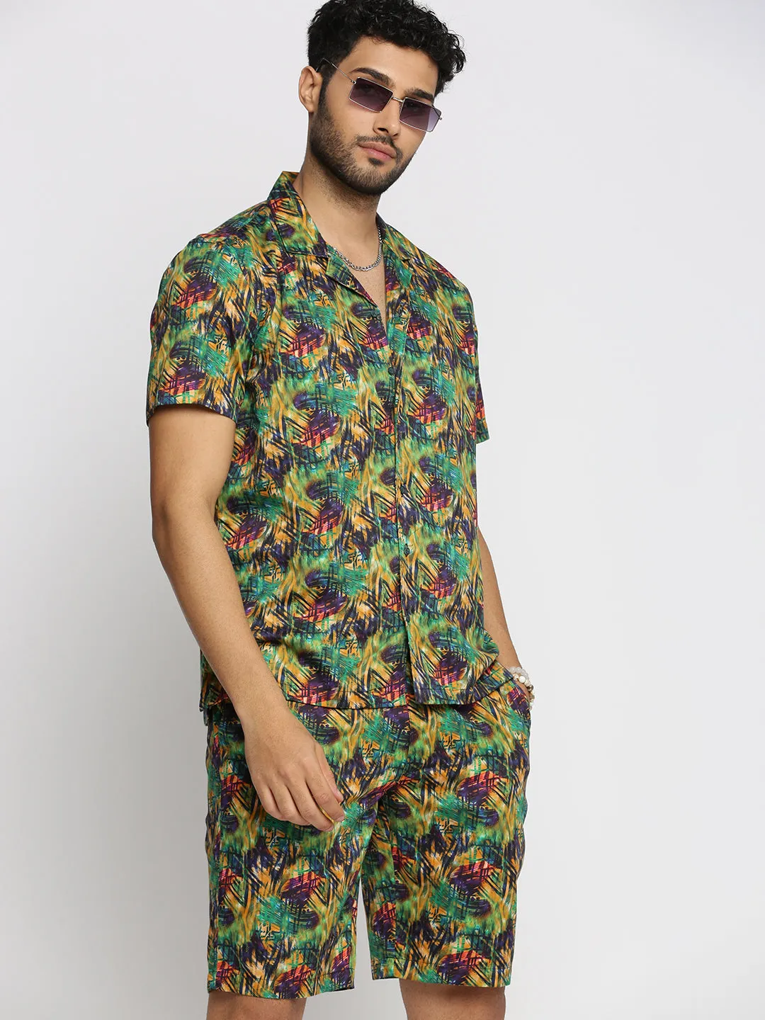 Men Green Cuban Collar Printed Over Sized Co-ords Set