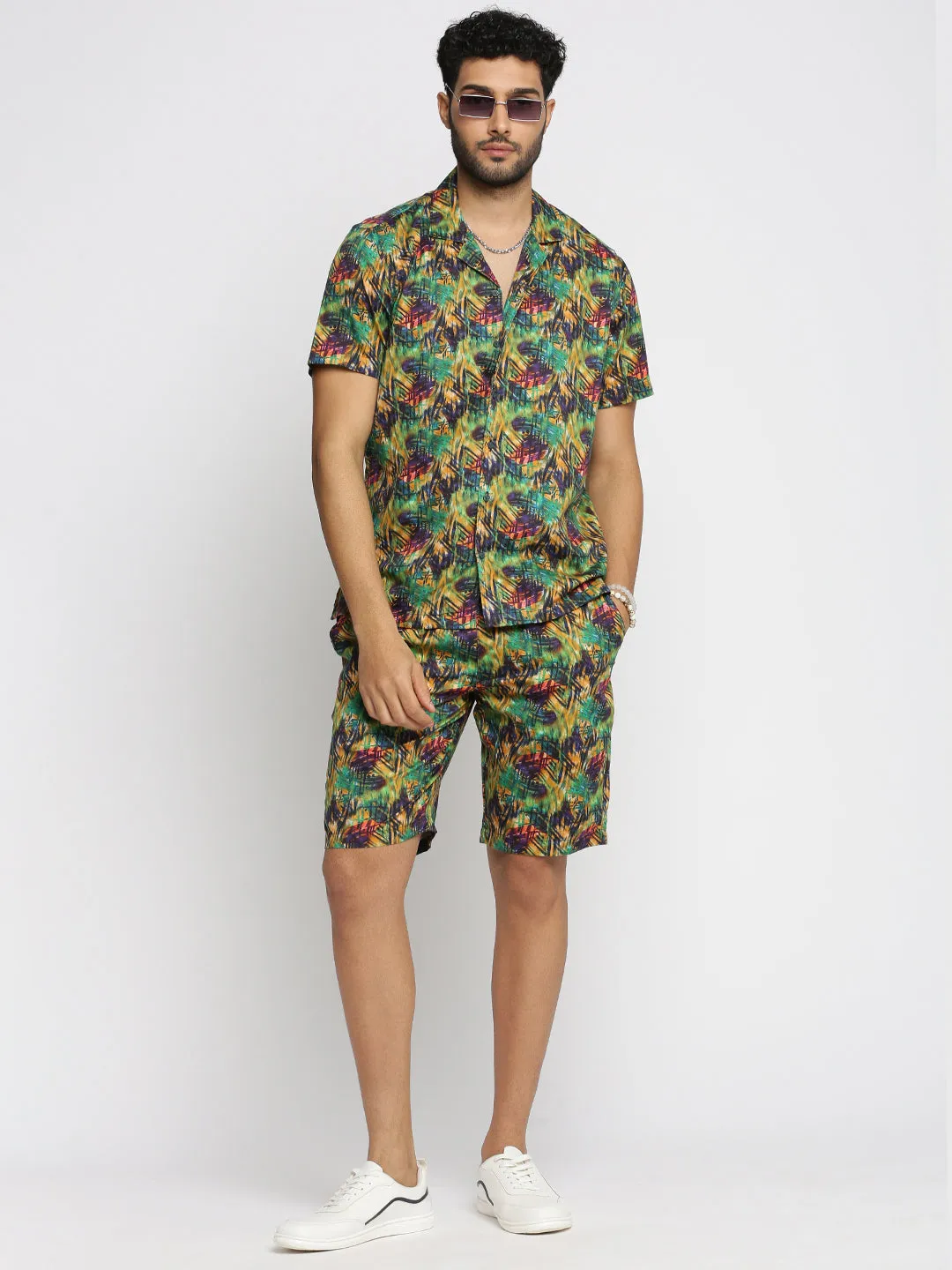 Men Green Cuban Collar Printed Over Sized Co-ords Set