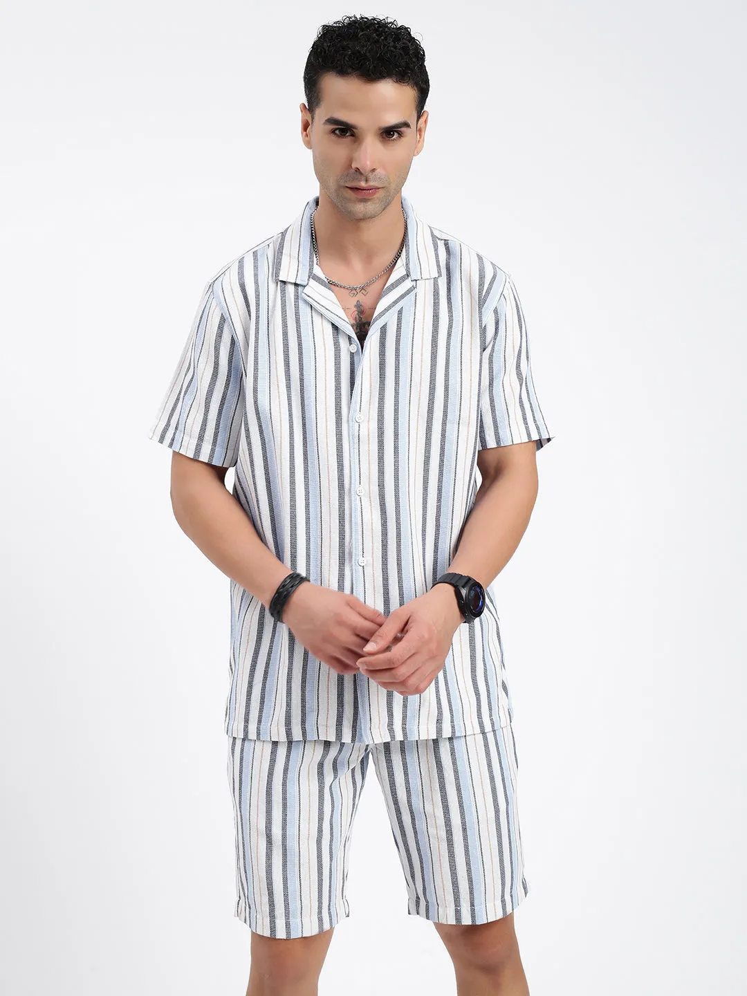 Men Striped Blue Co Ords Set