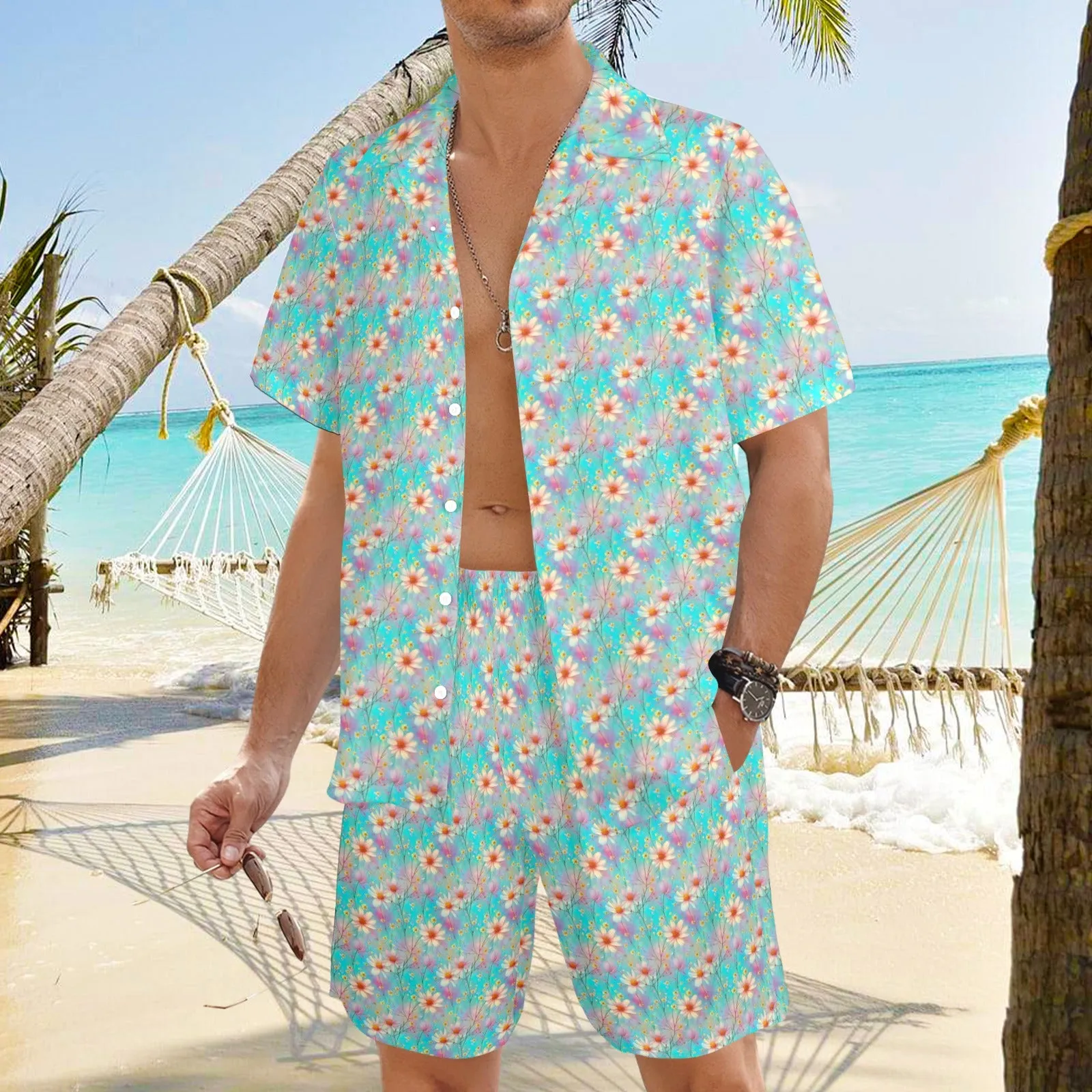 Men's Shirt & Shorts Set Green Floral Men's Shirt and Shorts Outfit (Set26)