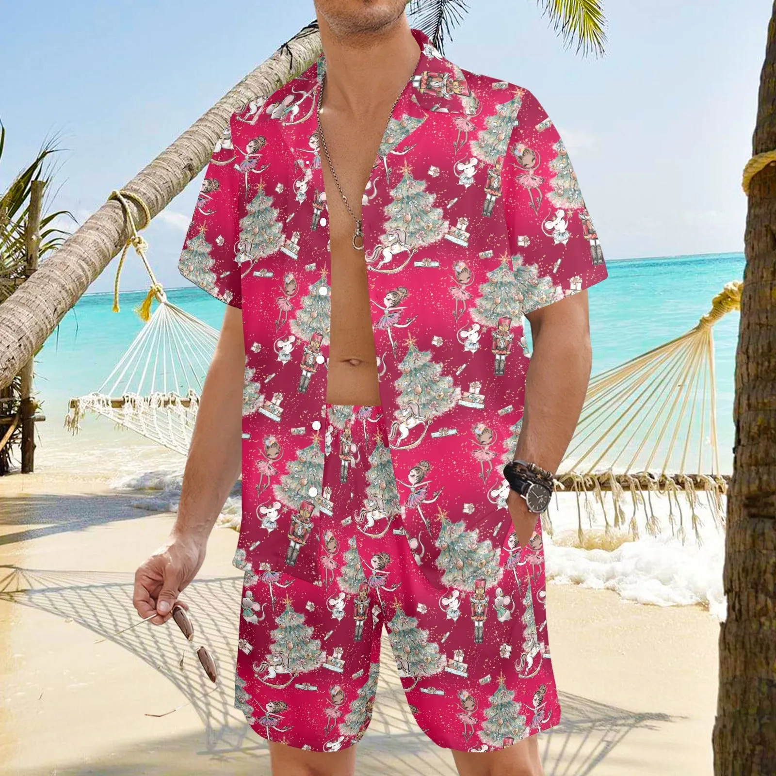 Men's Shirt & Shorts Set Red Sugar Plum Xmas Men's Shirt and Shorts Outfit (Set26)