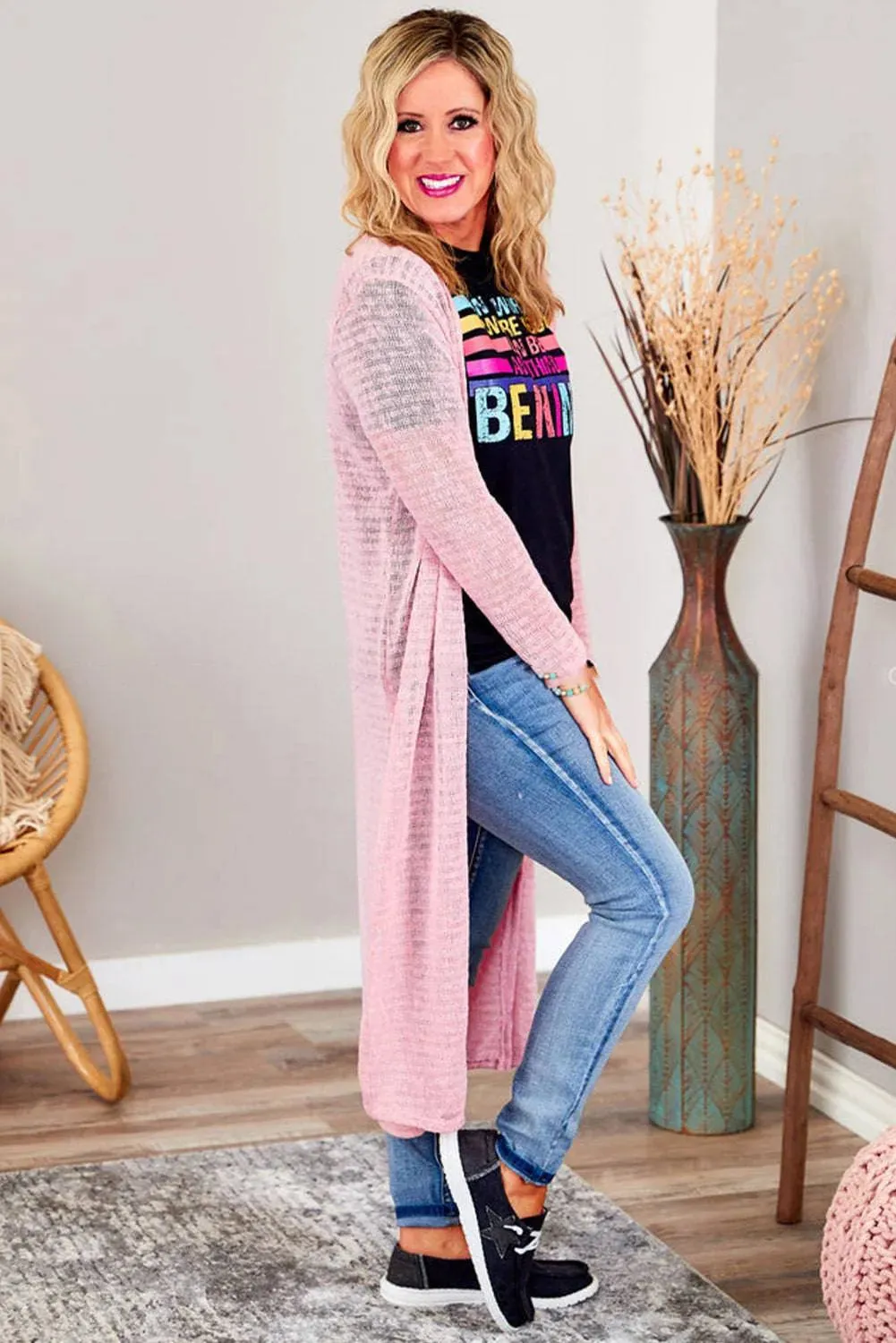 Plus Size Pink Sheer Knit Cardigan