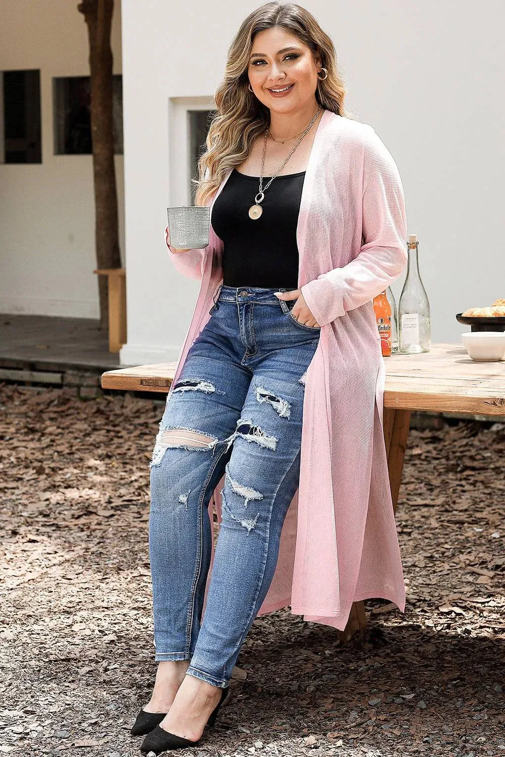 Plus Size Pink Sheer Knit Cardigan