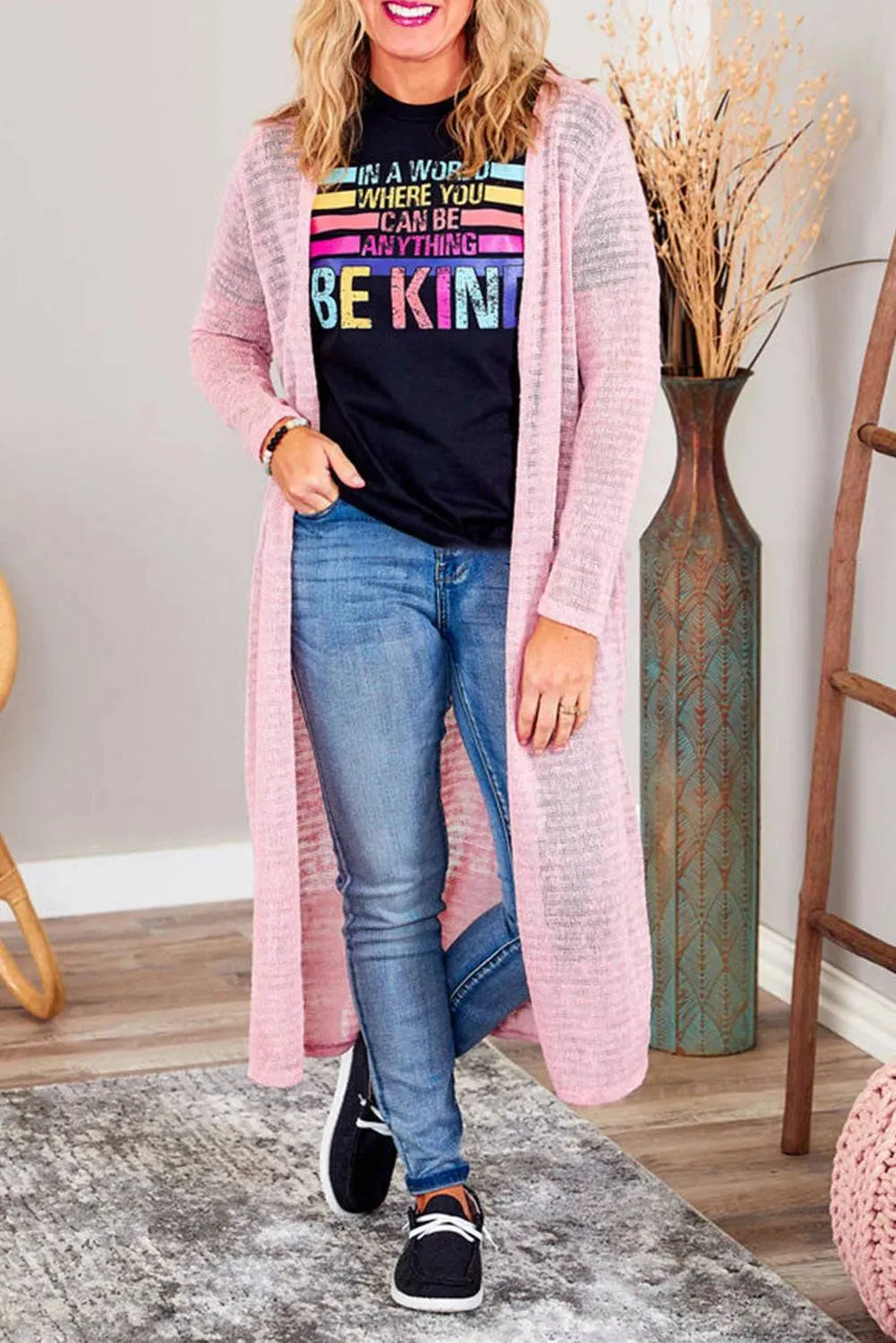 Plus Size Pink Sheer Knit Cardigan