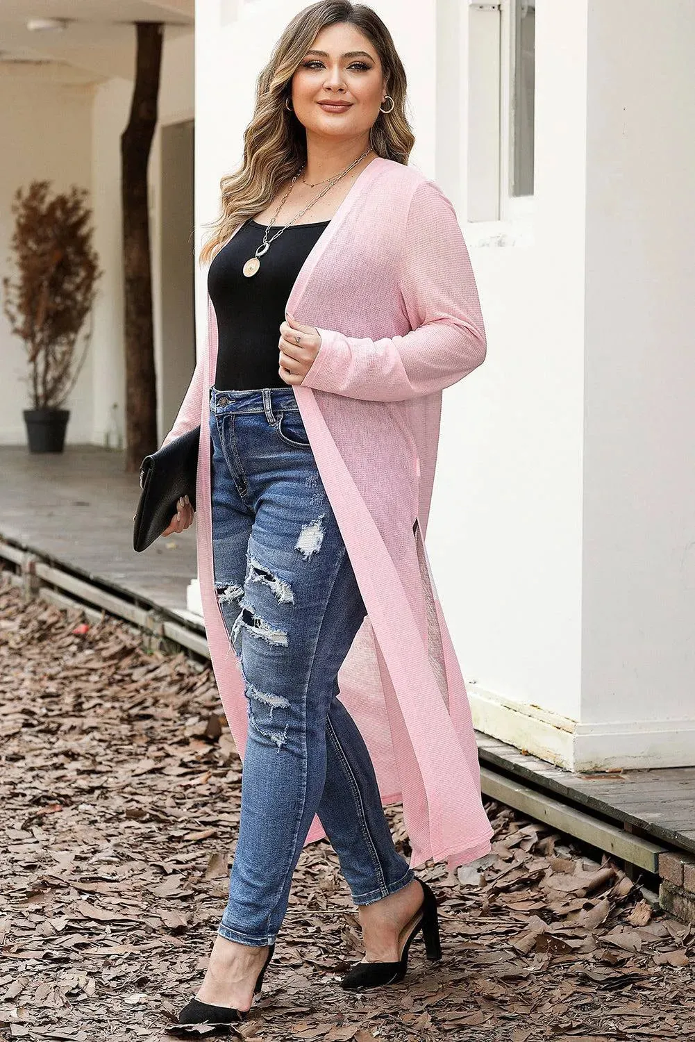 Plus Size Pink Sheer Knit Cardigan