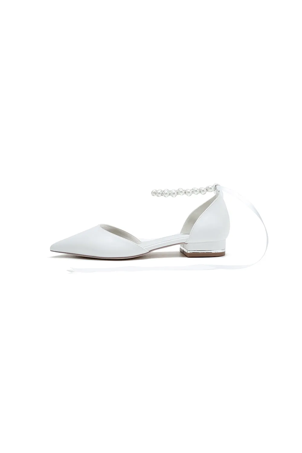 Pointed Toe Ankle Strap Pearl Beaded Ivory Ribbons Low Heels