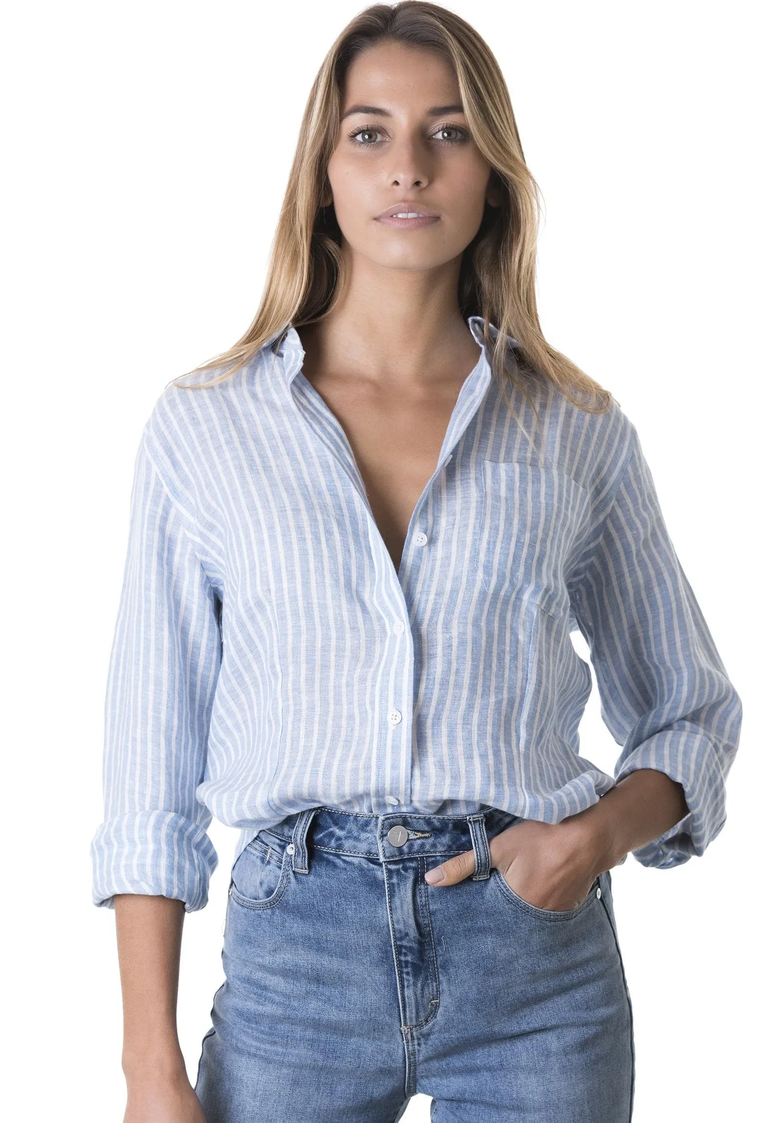 Rina Chambray Stripes Slim-Fit Linen Shirt