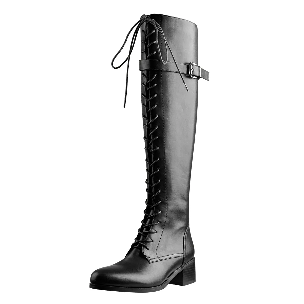 Round Toe Lace Up Sturdy Heel Side Zipper Knee High Boots