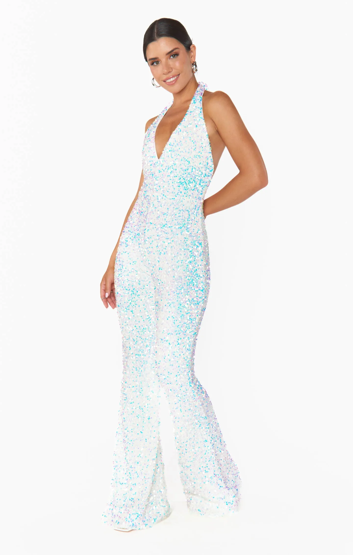 Studio Halter Jumpsuit ~ White Sparkle Sequin