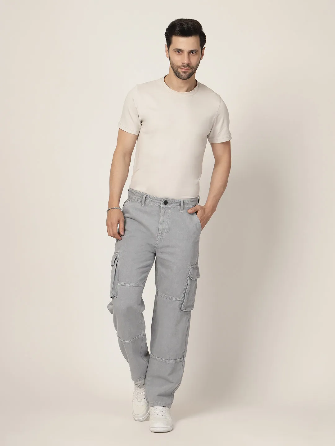 Style Quotient Men Grey Relaxed Fit Mid Rise Cargos