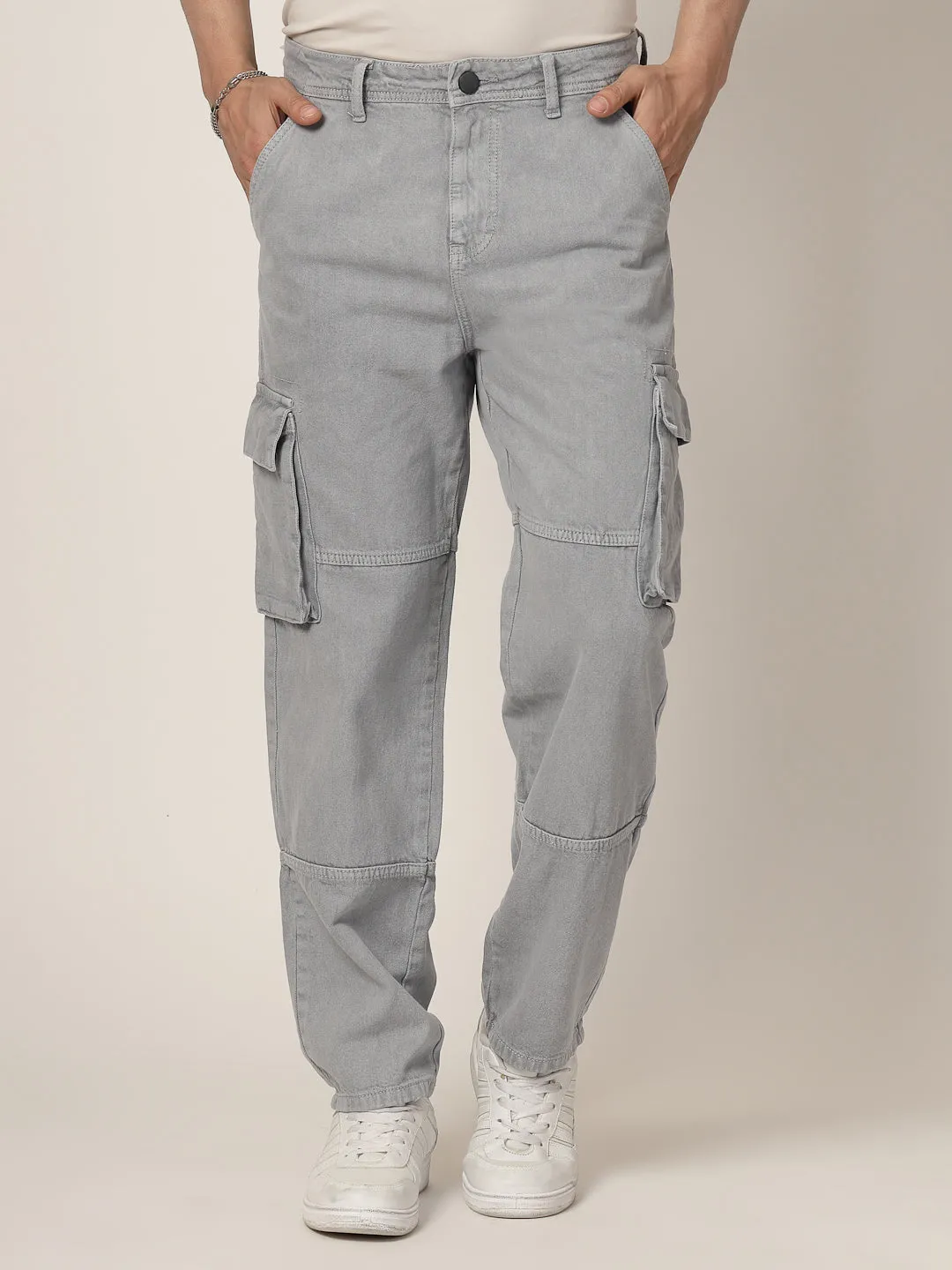 Style Quotient Men Grey Relaxed Fit Mid Rise Cargos