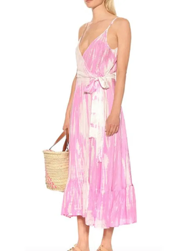 Tia Silk Wrap Midi Dress - Pink White