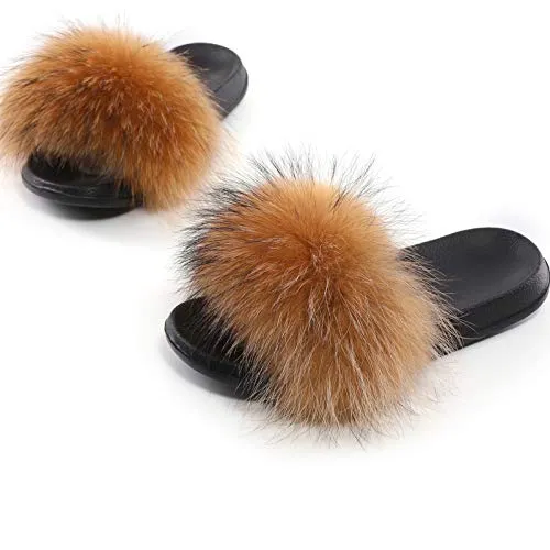 Valpeak Fur Slippers Slides For Women Open Toe Fuzzy Fur Slippers Girls Fluffy House Slides Outdoor (Natural,8-9 )