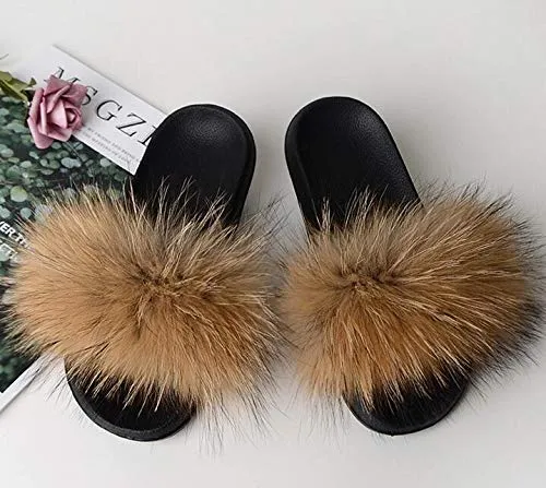 Valpeak Fur Slippers Slides For Women Open Toe Fuzzy Fur Slippers Girls Fluffy House Slides Outdoor (Natural,8-9 )