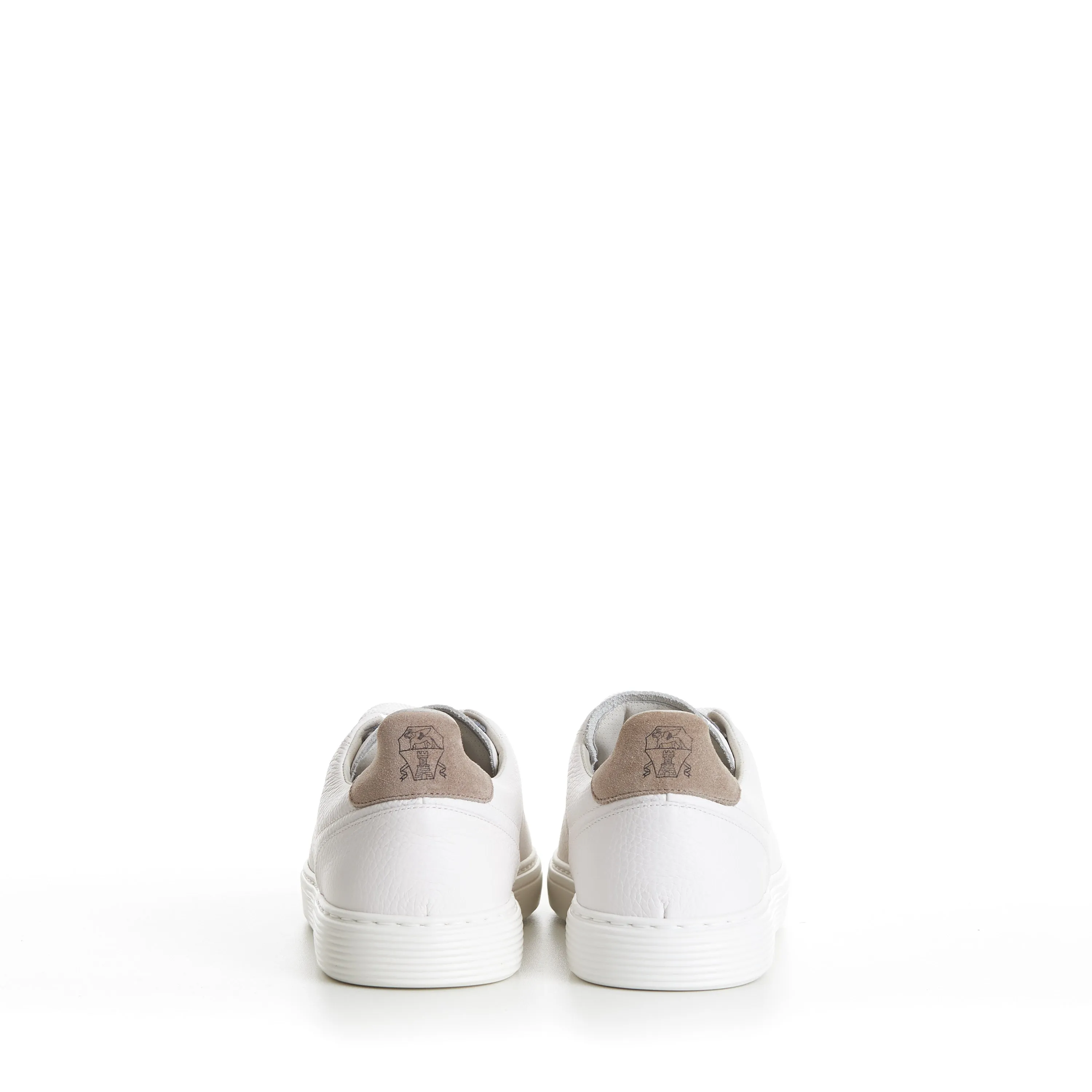 White Low-top Sneakers - Grained Leather, Rubber Sole, Suede-Trim