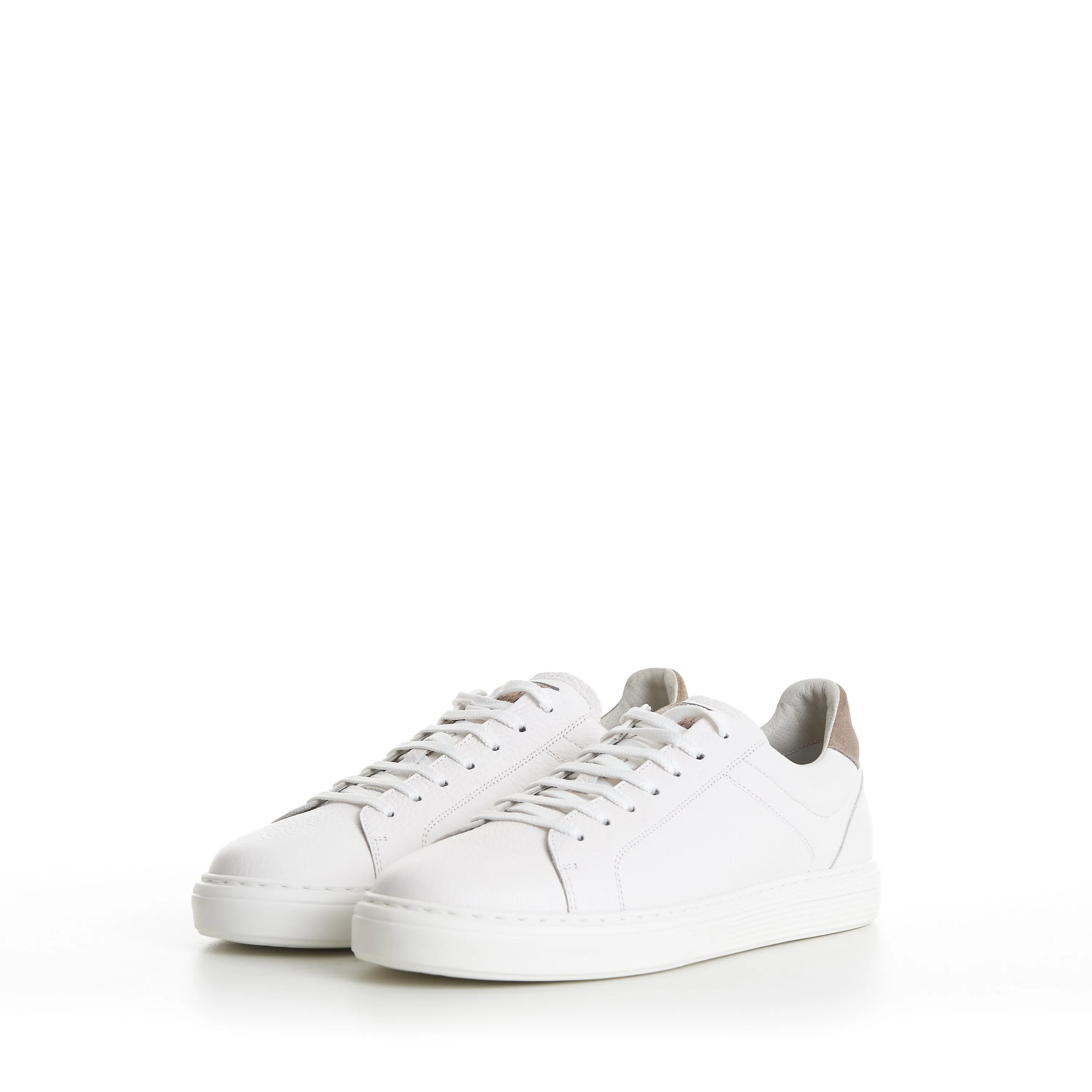 White Low-top Sneakers - Grained Leather, Rubber Sole, Suede-Trim