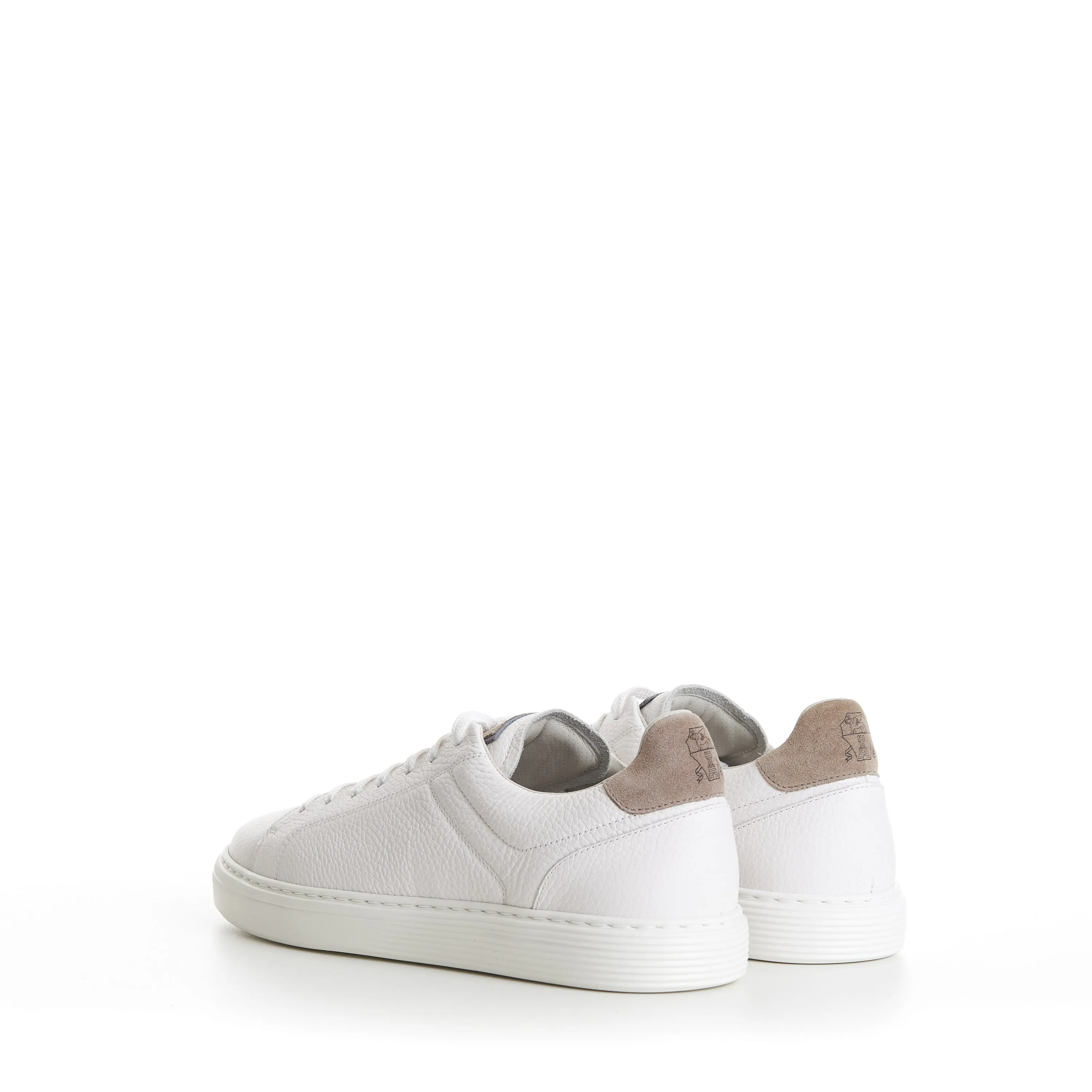 White Low-top Sneakers - Grained Leather, Rubber Sole, Suede-Trim