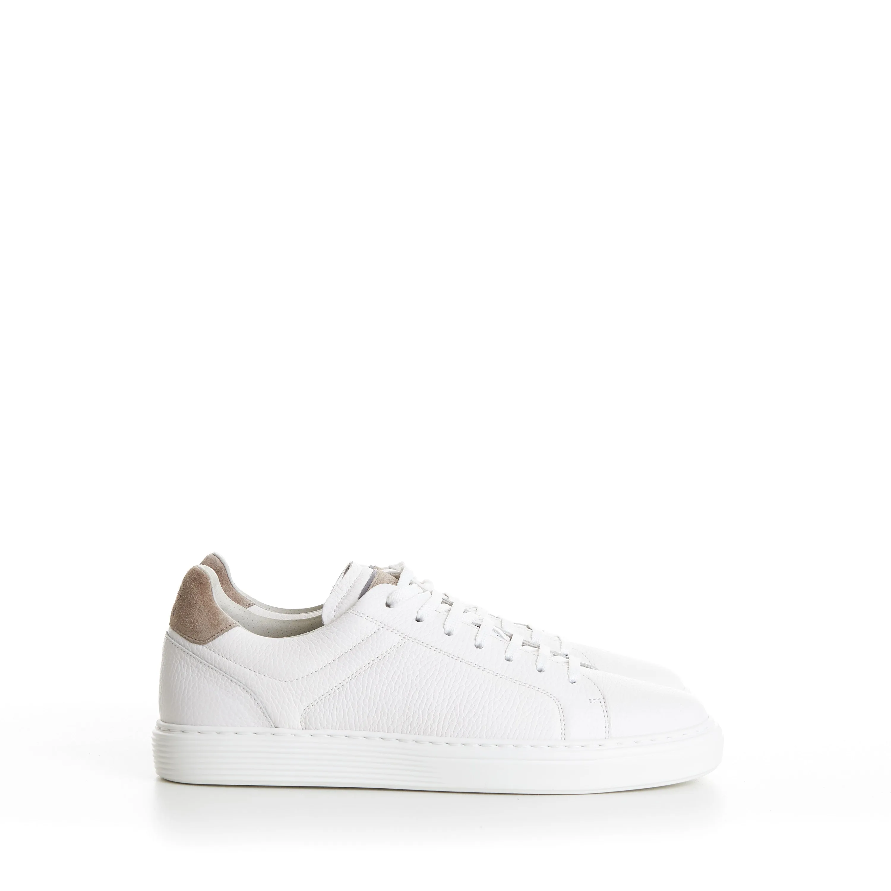 White Low-top Sneakers - Grained Leather, Rubber Sole, Suede-Trim