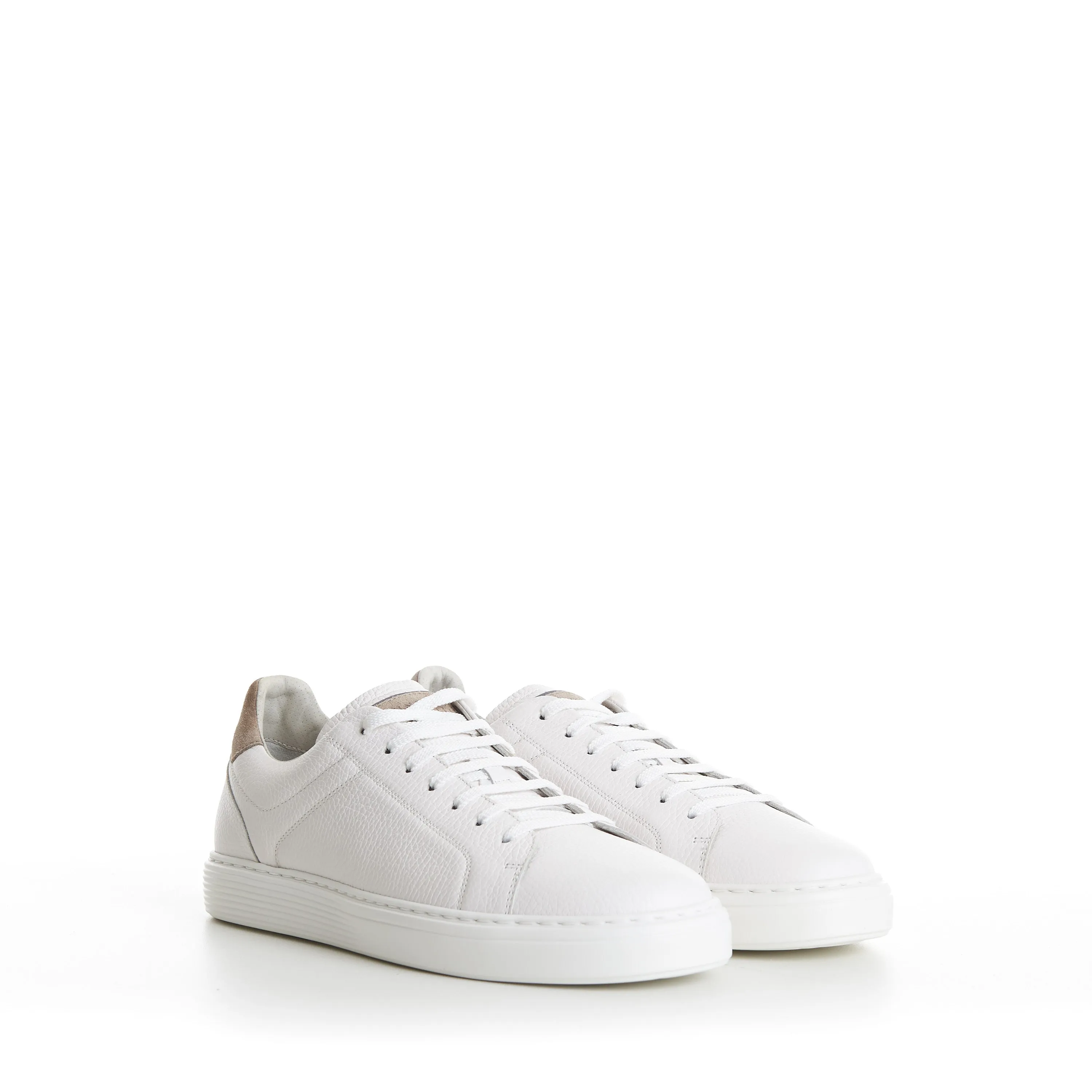 White Low-top Sneakers - Grained Leather, Rubber Sole, Suede-Trim