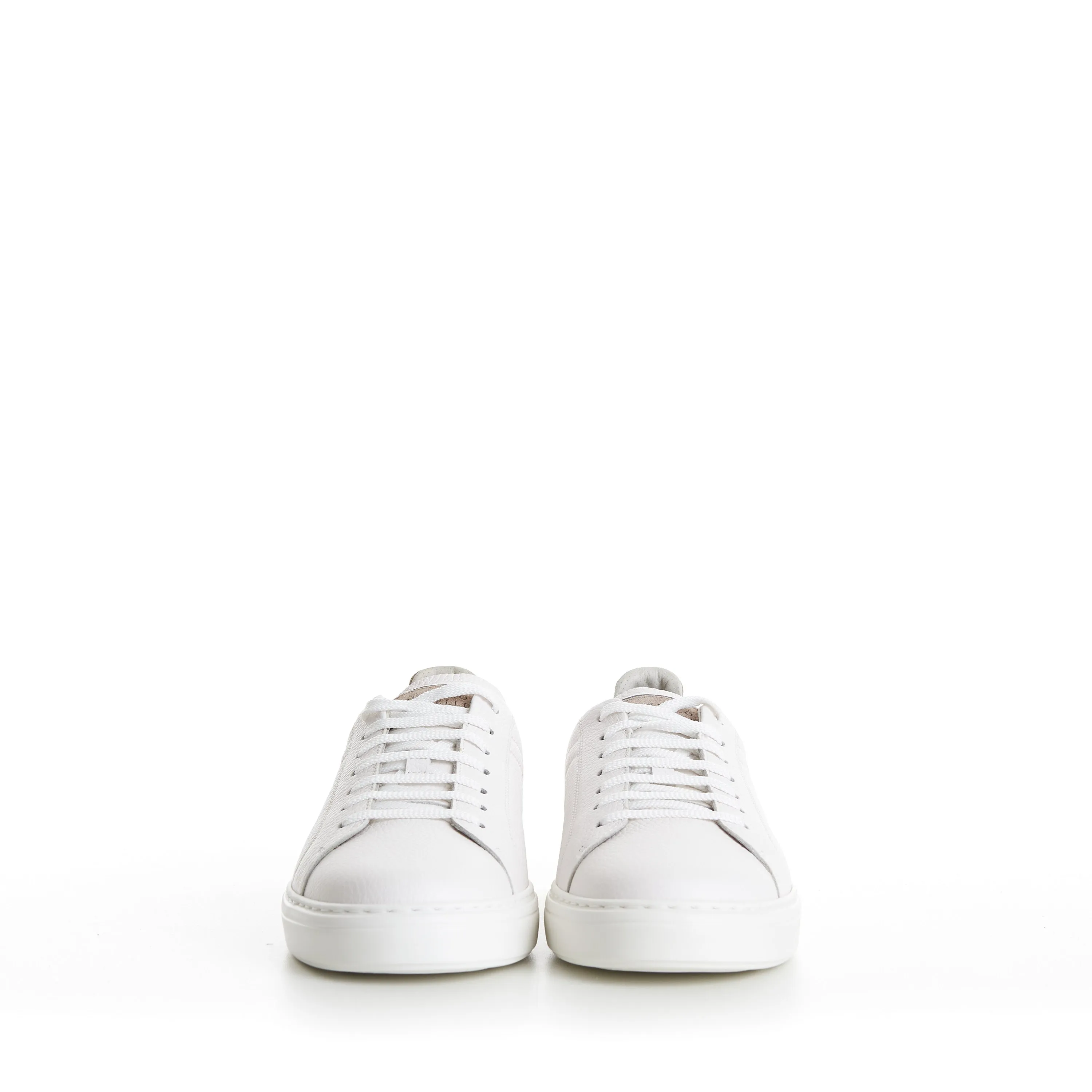 White Low-top Sneakers - Grained Leather, Rubber Sole, Suede-Trim