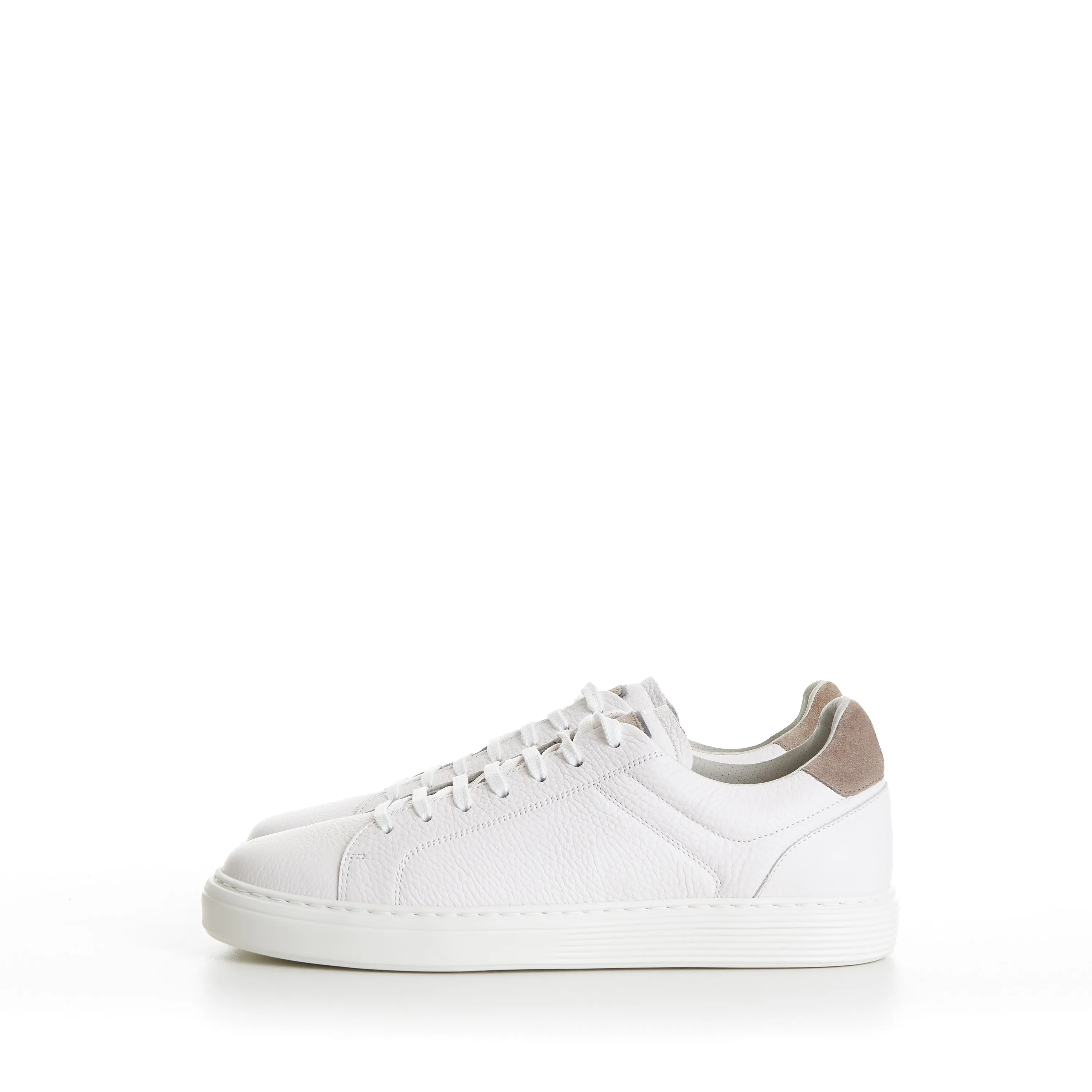 White Low-top Sneakers - Grained Leather, Rubber Sole, Suede-Trim