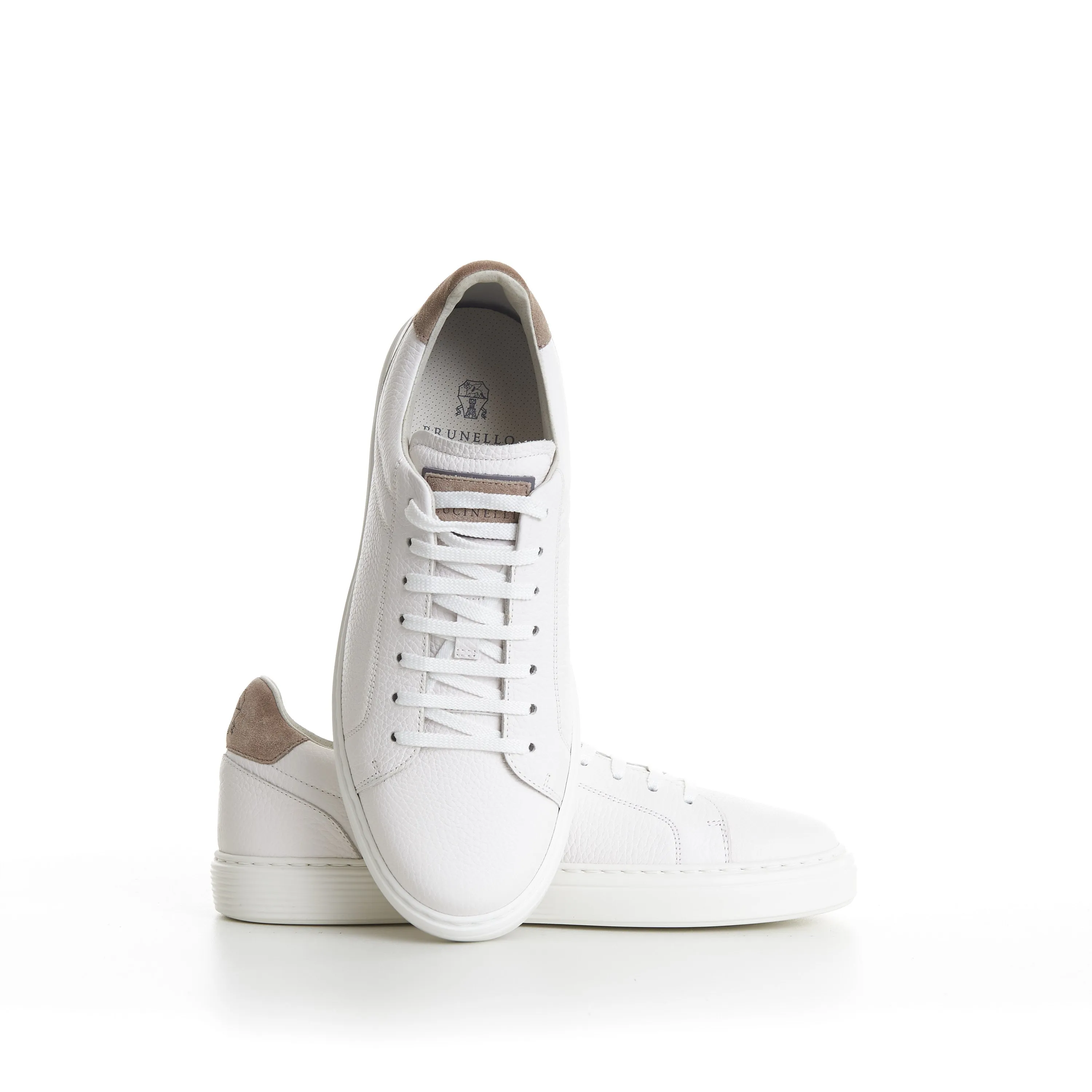 White Low-top Sneakers - Grained Leather, Rubber Sole, Suede-Trim