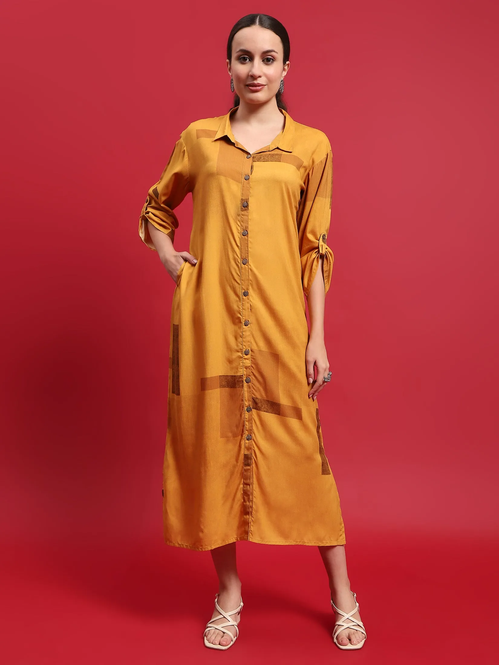 Women Liva Rayon Mustard Solid Dress