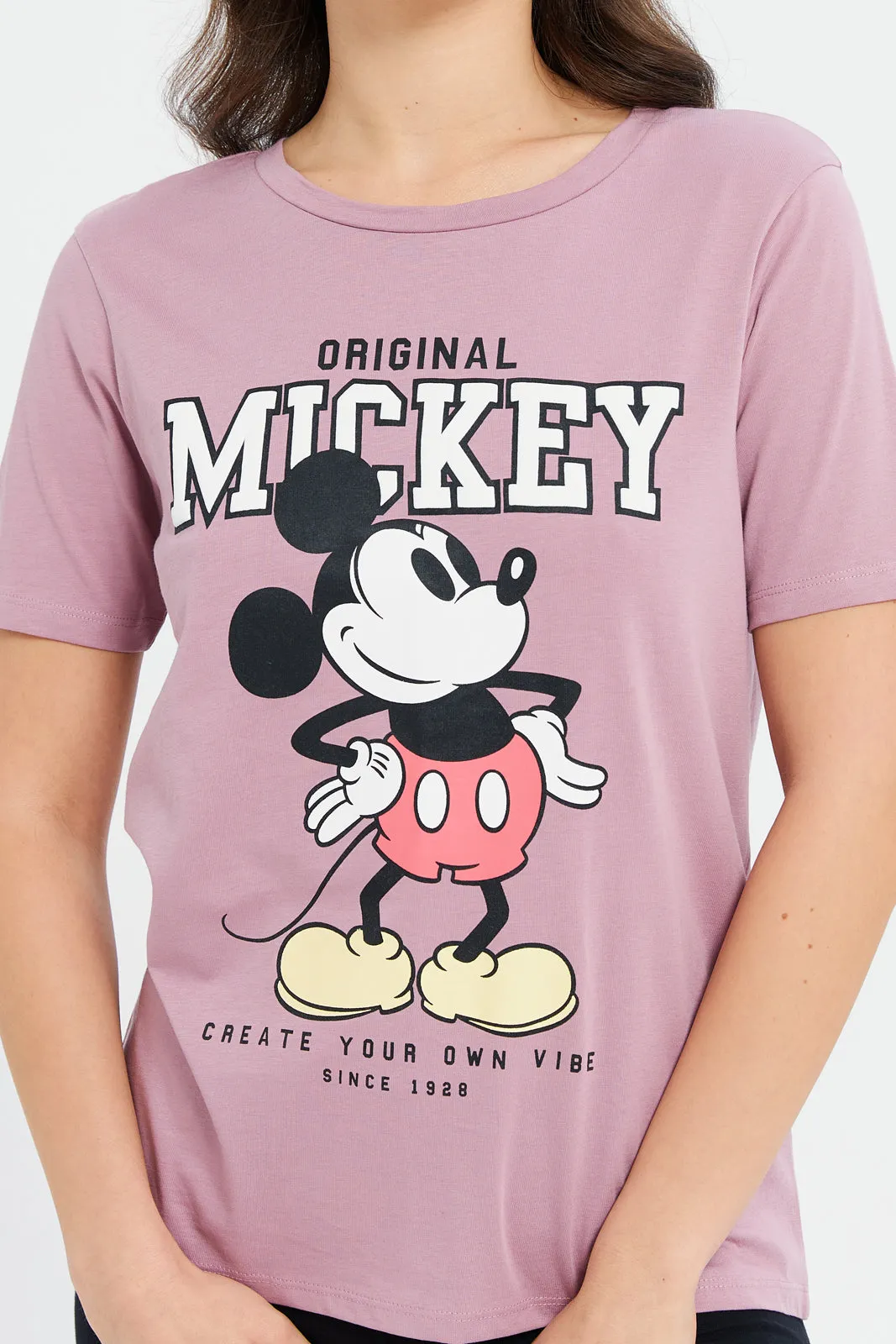 Women Mauve Mickey Printed T-Shirt