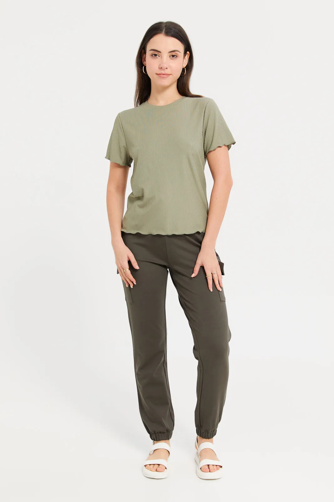 Women Olive Elasticated Waist Joggers