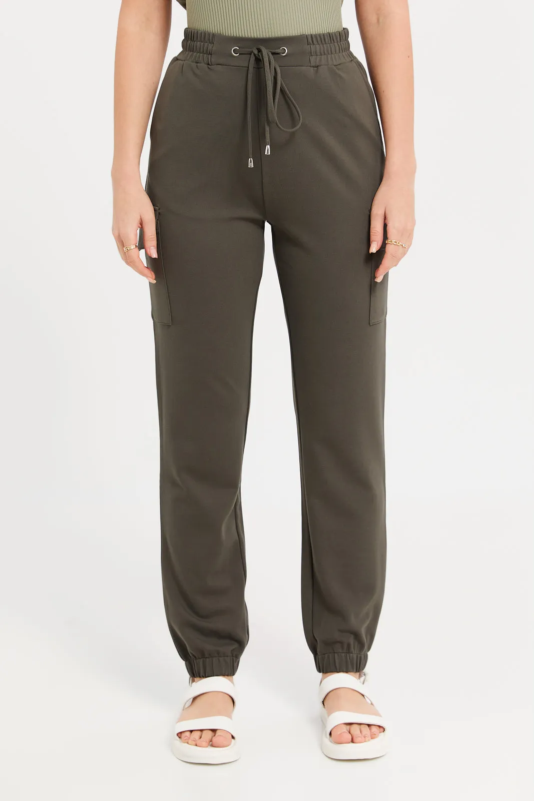 Women Olive Elasticated Waist Joggers